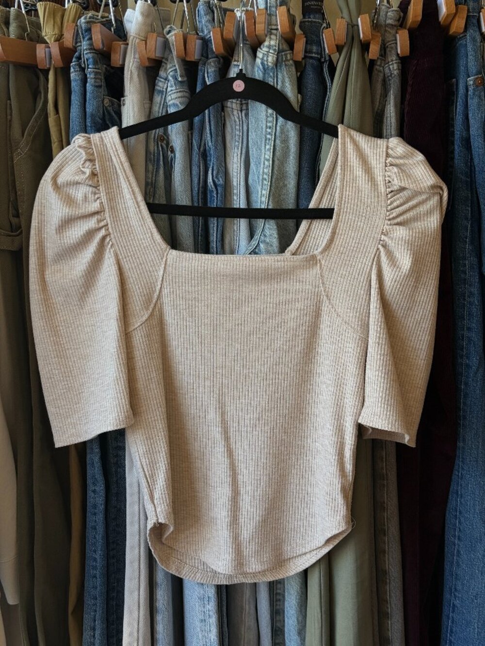 Free People We The Free Night Lily Ribbed Puff Sleeve Square Neck Top